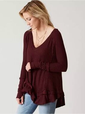 We The Free Laguna Burgundy Thermal Waffle Knit Top Beachy Boho Slouchy S